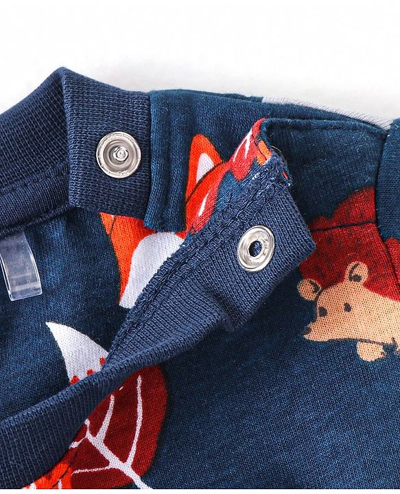 Babyhug Cotton Knit Full Sleeves Night Suit with Animal Print - Navy Blue