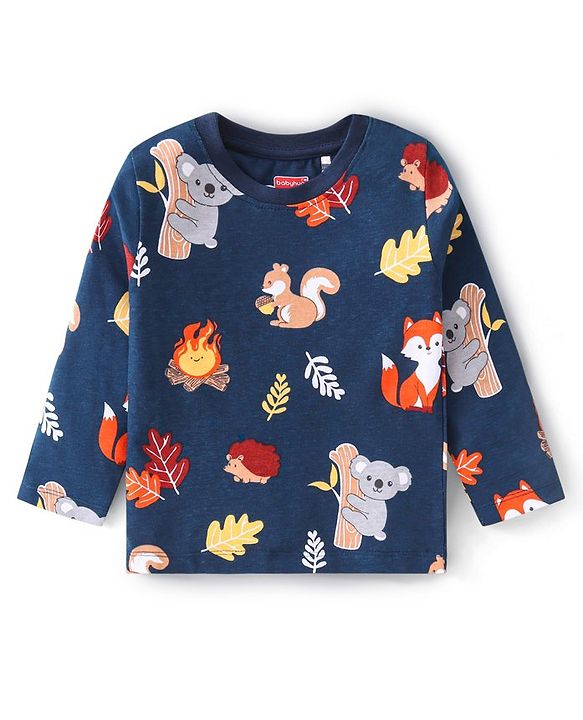 Babyhug Cotton Knit Full Sleeves Night Suit with Animal Print - Navy Blue