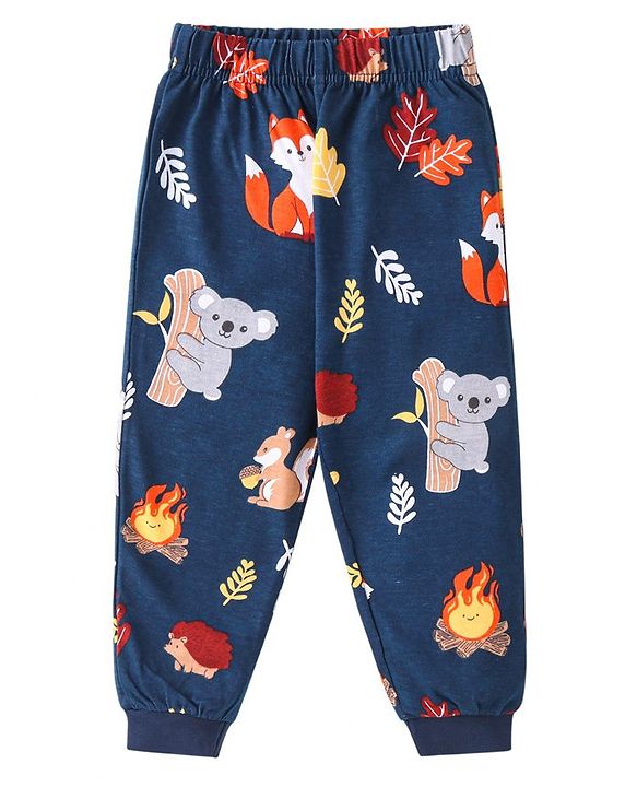 Babyhug Cotton Knit Full Sleeves Night Suit with Animal Print - Navy Blue