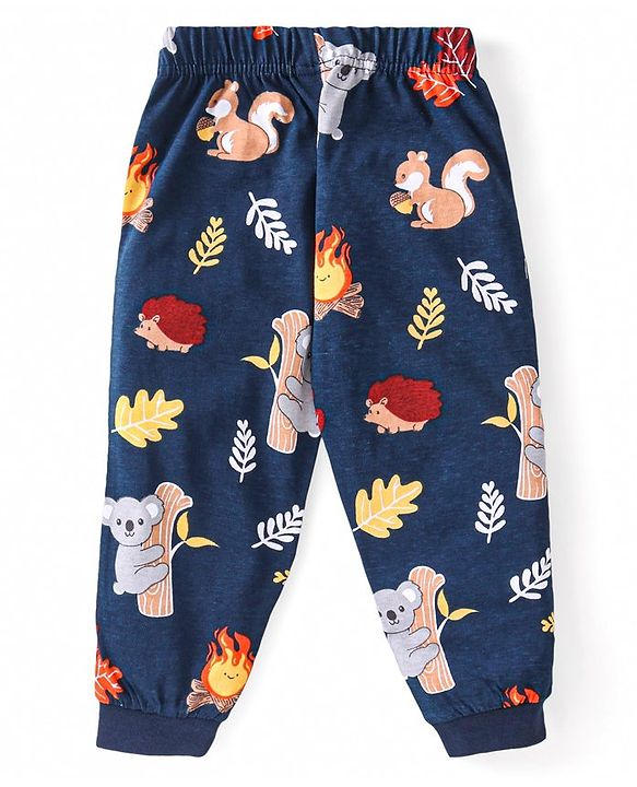 Babyhug Cotton Knit Full Sleeves Night Suit with Animal Print - Navy Blue