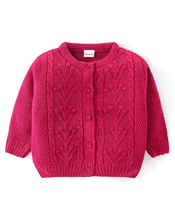 Babyhug Knitted Full Sleeves Front Open Sweater with Cable Knit Design - Pink