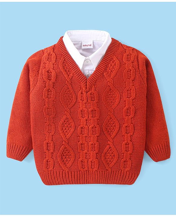 Babyhug Knitted Full Sleeves Collar Neck Pullover Sweater With Cable Knit Design - Rust