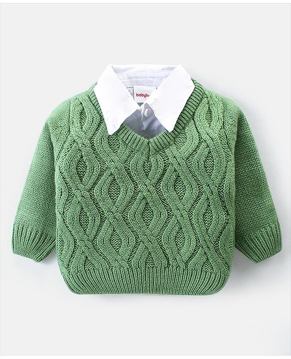 Babyhug Knitted Full Sleeves Collar Neck Pullover Sweater With Cable Knit Design - Green
