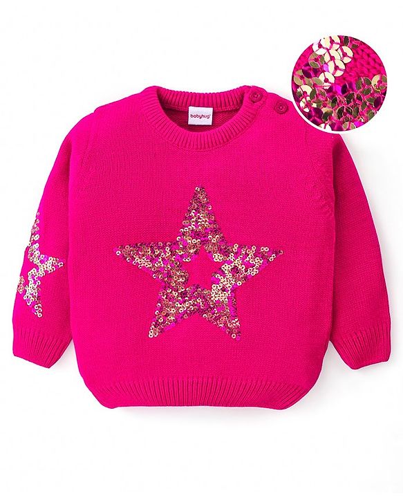 Babyhug Knitted Full Sleeves Pullover Sweater with Sequin Star Design - Fuchsia