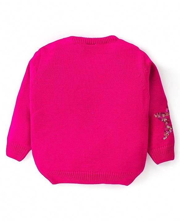 Babyhug Knitted Full Sleeves Pullover Sweater with Sequin Star Design - Fuchsia