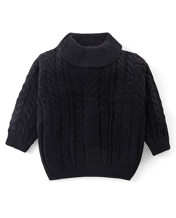 Babyhug Knitted Full Sleeves Turtle Neck Pullover Sweater with Cable Knit Design - Black