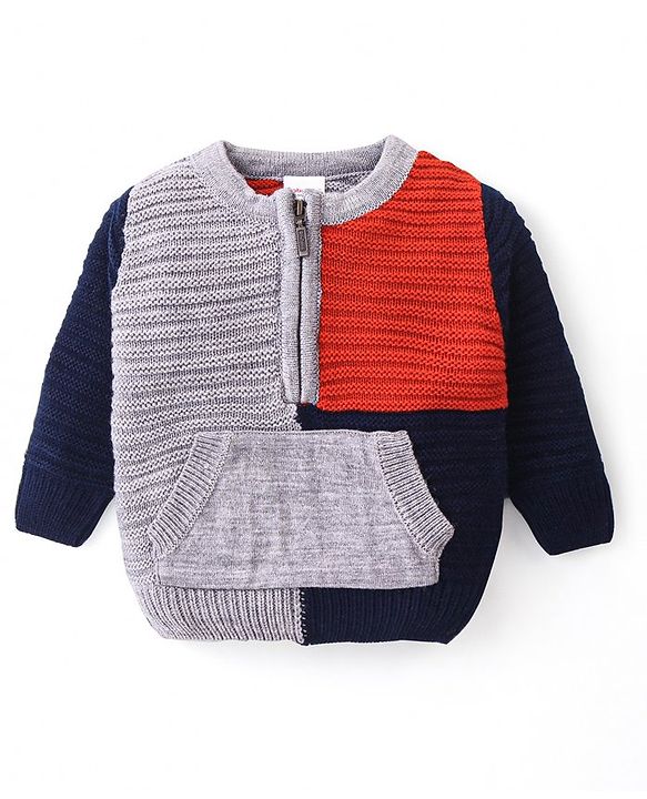 Babyhug Knitted Full Sleeves Pullover Sweater with Colour Block Design & Kangaroo Pocket - Multicolour
