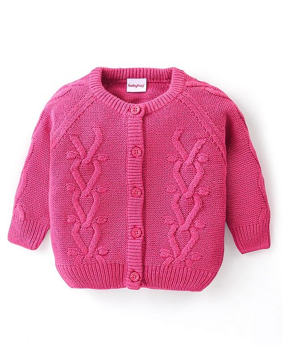 Babyhug Knitted Full Sleeves Front Open Sweater with Cable Knit Design - Fuchsia