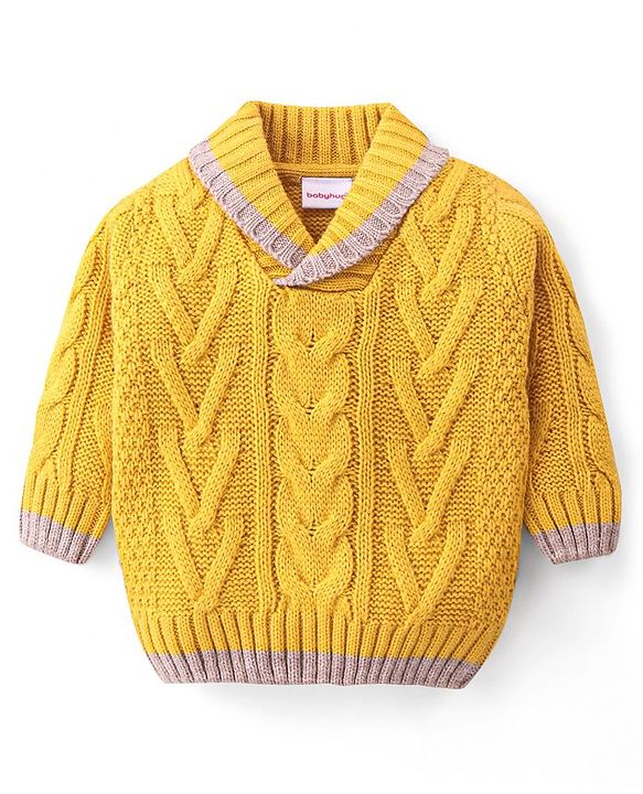 Babyhug Knitted Full Sleeves Collar Neck Pullover Sweater with Cable Knit Design - Mustard