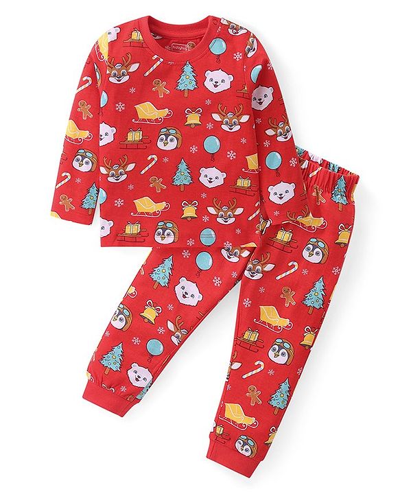 Babyhug Cotton Knit Full Sleeves Night Suit With Christmas Theme Print - Red