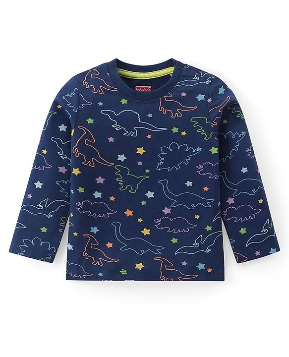 Babyhug Cotton Knit Full Sleeves Night Suit with Dino Print - Navy Blue