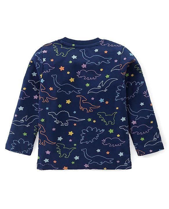 Babyhug Cotton Knit Full Sleeves Night Suit with Dino Print - Navy Blue