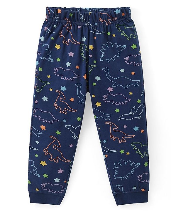 Babyhug Cotton Knit Full Sleeves Night Suit with Dino Print - Navy Blue