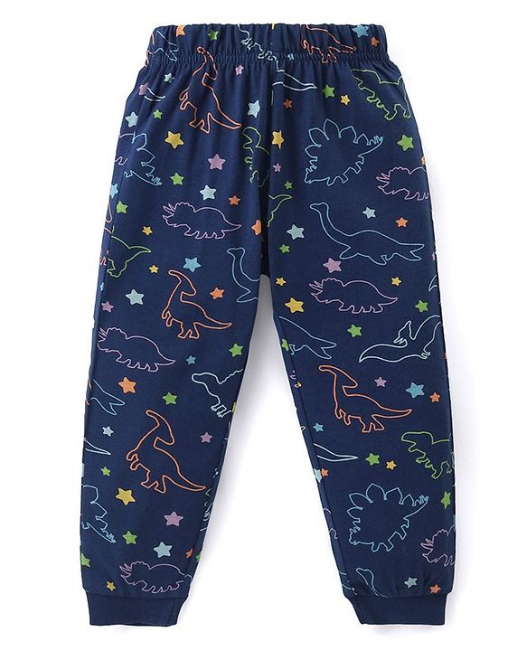 Babyhug Cotton Knit Full Sleeves Night Suit with Dino Print - Navy Blue