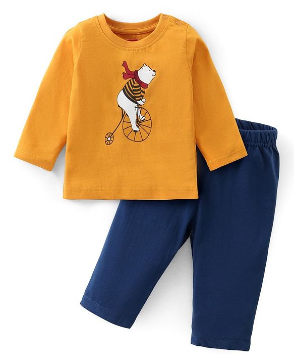 Babyhug Cotton Knit Full Sleeves T-Shirt & Lounge Pants Set With Bear Print - Mustard & Blue