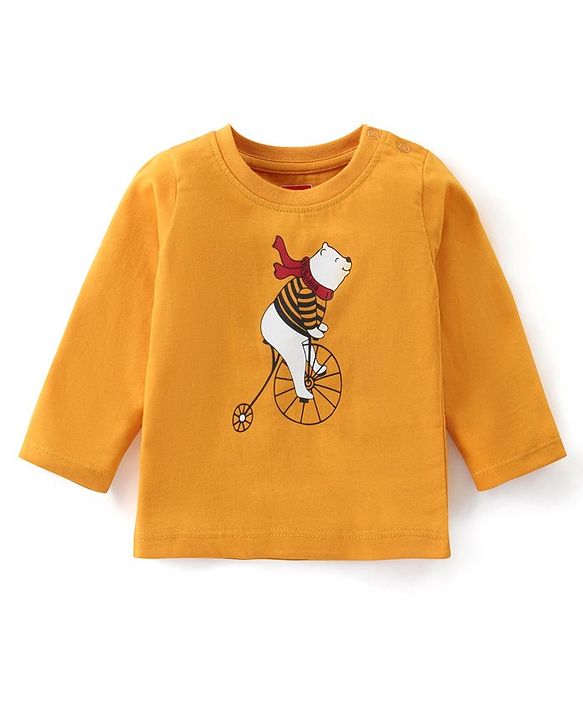 Babyhug Cotton Knit Full Sleeves T-Shirt & Lounge Pants Set With Bear Print - Mustard & Blue
