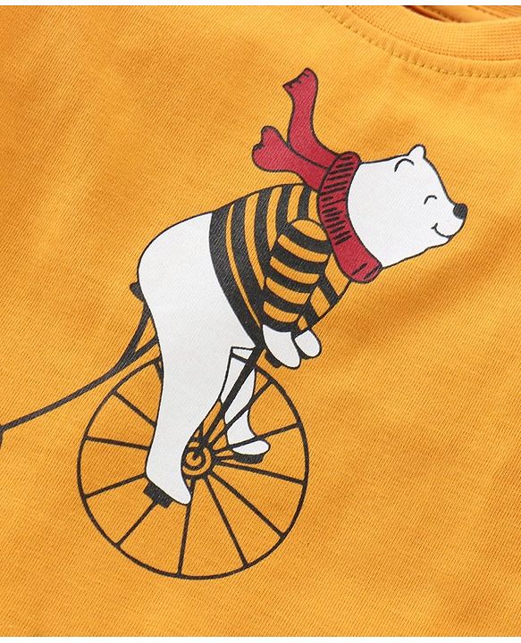 Babyhug Cotton Knit Full Sleeves T-Shirt & Lounge Pants Set With Bear Print - Mustard & Blue