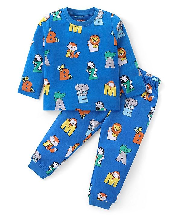 Babyhug Cotton Knit Full Sleeves Night Suit with Animal Print - Blue