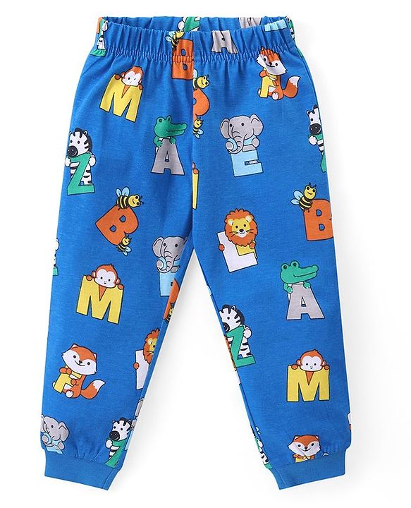Babyhug Cotton Knit Full Sleeves Night Suit with Animal Print - Blue