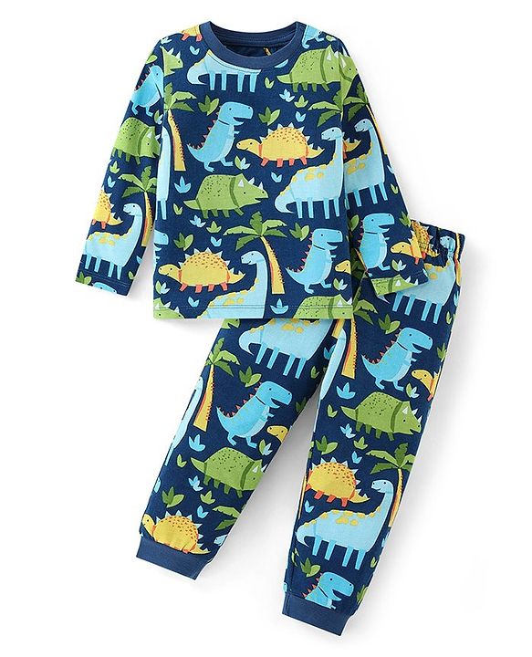 Babyhug Cotton Knit Full Sleeves Night Suit Dino Print- Navy