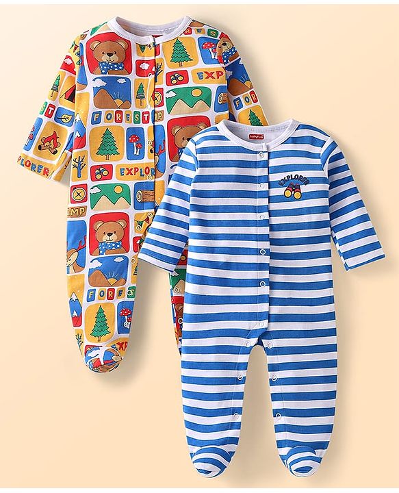 Babyhug Cotton Knit Full Sleeves Sleep Suits Striped & Bear Print Pack of 2 - Yellow & Blue