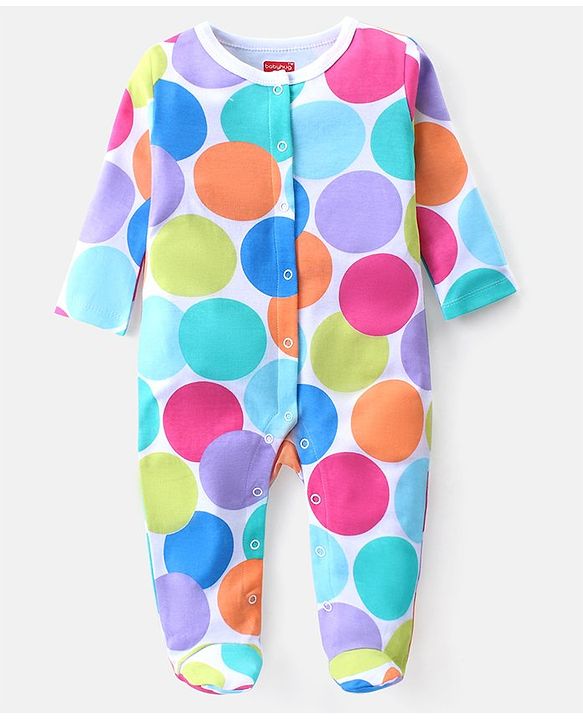 Babyhug Cotton Knit Full Sleeves Footed Sleepsuit Polka Dots Print - Multicolour
