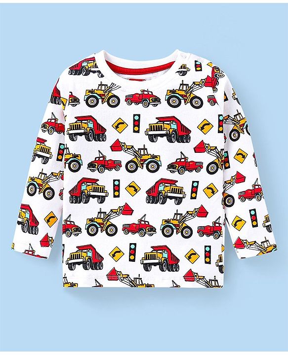 Babyhug Cotton Knit Full Sleeves Night Suit with Construction Vehicles Print- White