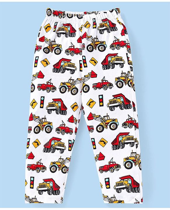 Babyhug Cotton Knit Full Sleeves Night Suit with Construction Vehicles Print- White