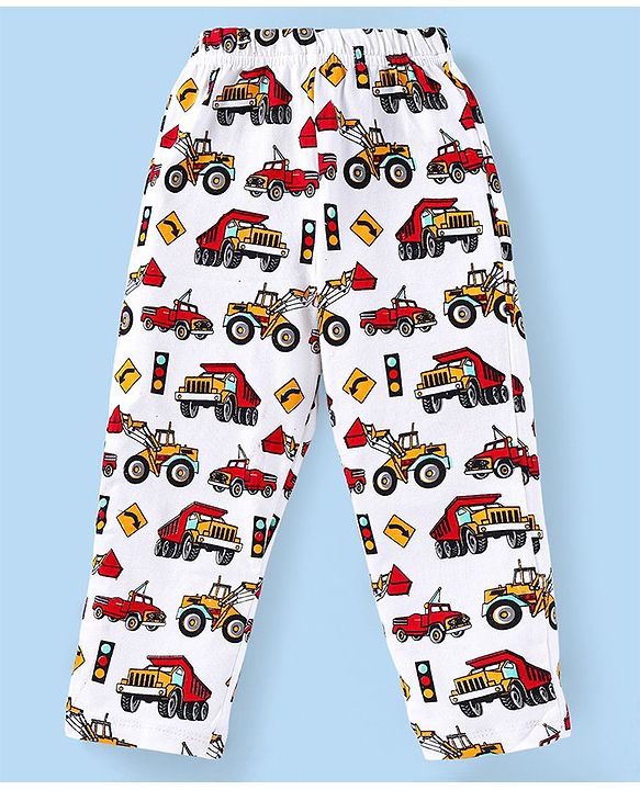 Babyhug Cotton Knit Full Sleeves Night Suit with Construction Vehicles Print- White
