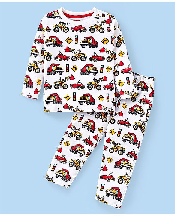 Babyhug Cotton Knit Full Sleeves Night Suit with Construction Vehicles Print- White