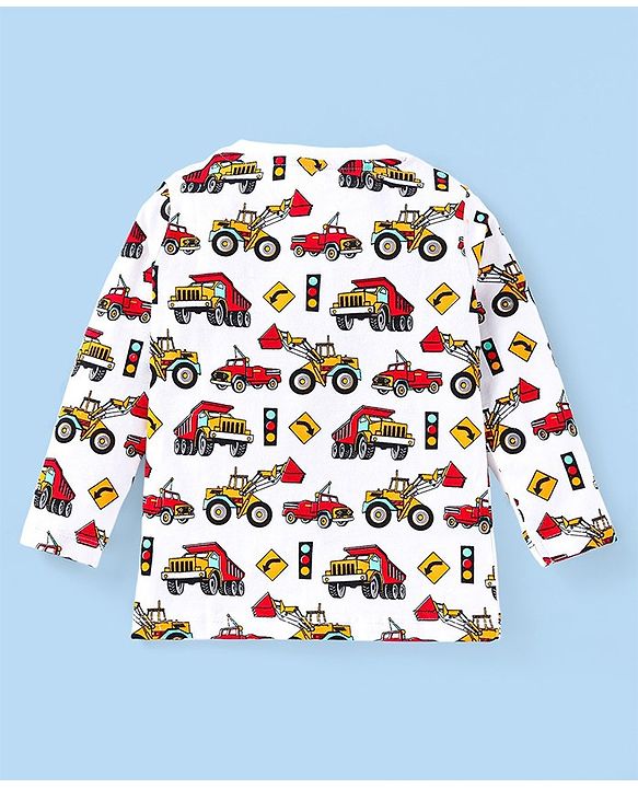 Babyhug Cotton Knit Full Sleeves Night Suit with Construction Vehicles Print- White