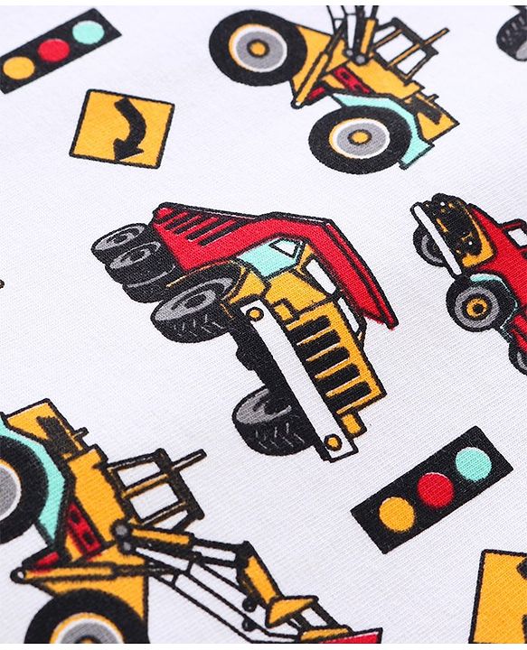 Babyhug Cotton Knit Full Sleeves Night Suit with Construction Vehicles Print- White