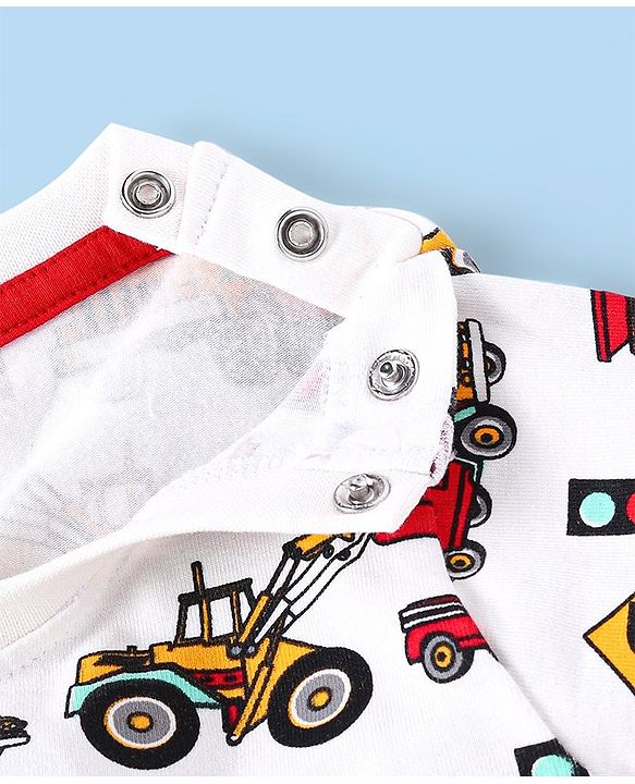 Babyhug Cotton Knit Full Sleeves Night Suit with Construction Vehicles Print- White
