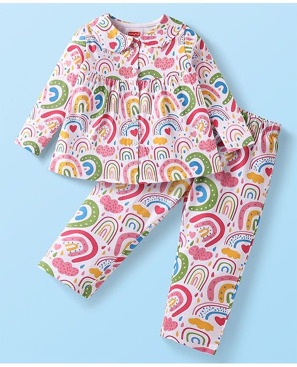 Babyhug Cotton Knit Full Sleeves Peter Pan Collared Night Suit With Rainbow Theme  Print - Pink & White