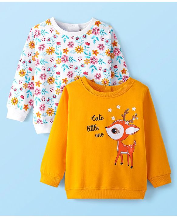 Babyhug Cotton Knit Full Sleeves Sweat Shirts with Floral & Deer Graphics Pack of 2 - White & Orange