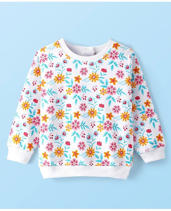 Babyhug Cotton Knit Full Sleeves Sweat Shirts with Floral & Deer Graphics Pack of 2 - White & Orange
