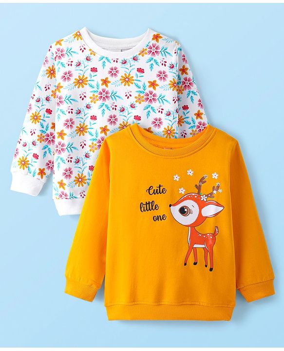 Babyhug Cotton Knit Full Sleeves Sweat Shirts with Floral & Deer Graphics Pack of 2 - White & Orange