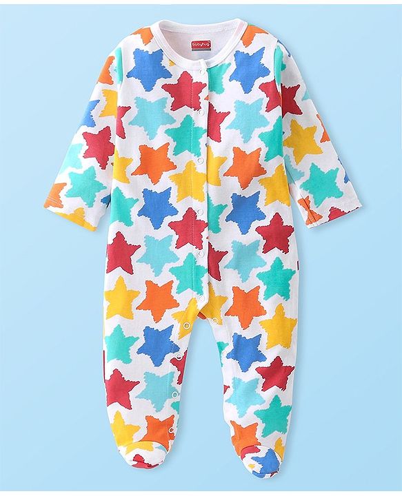 Babyhug Preemie  Full Sleeves Footed  Sleep Suit with Star Print - Blue