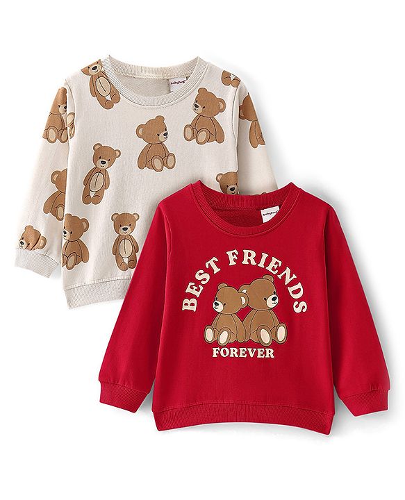 Babyhug Cotton Knit Full Sleeves Sweatshirts with Text & Bear Graphics Pack of 2 - Red & White