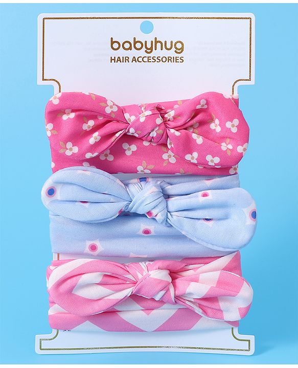 Babyhug Free Size Headbands With Bow Applique Pack of 3 - Pink & Blue