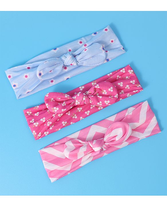 Babyhug Free Size Headbands With Bow Applique Pack of 3 - Pink & Blue