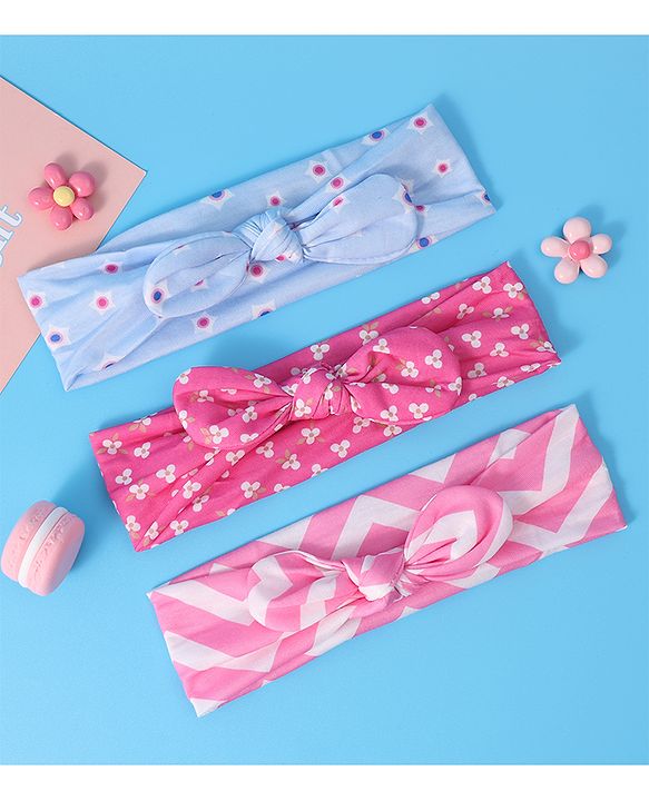 Babyhug Free Size Headbands With Bow Applique Pack of 3 - Pink & Blue