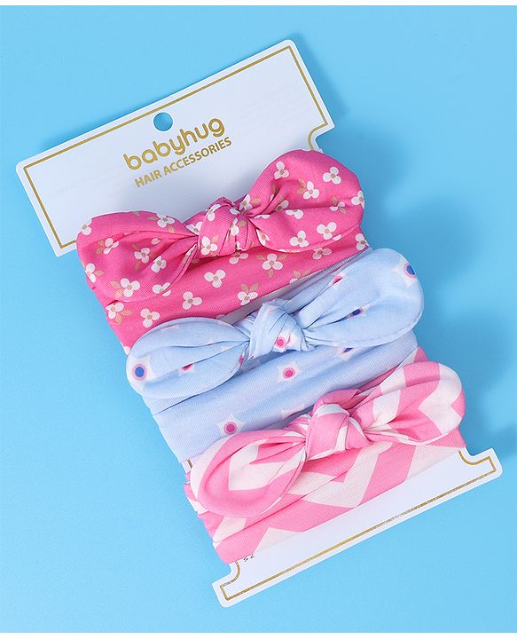 Babyhug Free Size Headbands With Bow Applique Pack of 3 - Pink & Blue