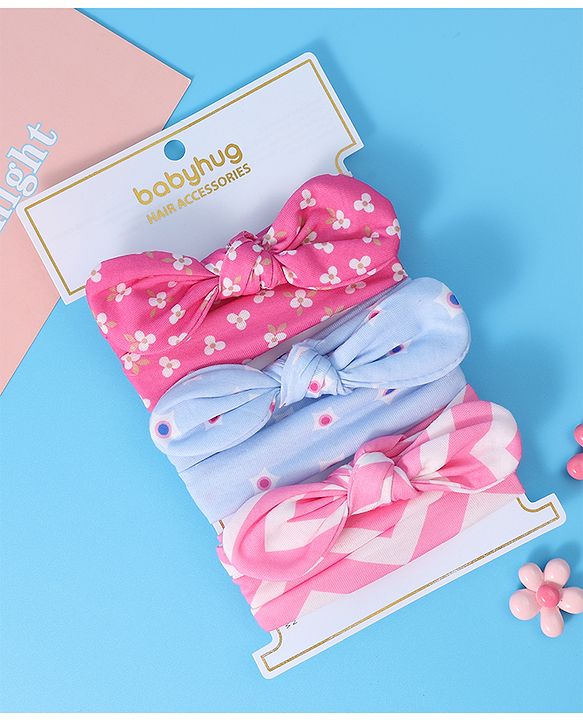 Babyhug Free Size Headbands With Bow Applique Pack of 3 - Pink & Blue
