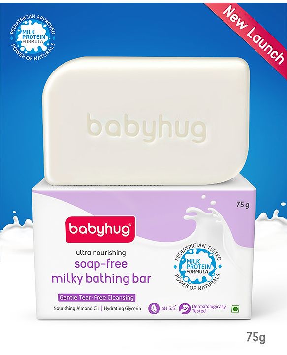 Babyhug pH 5.5 Ultra Nourishing Soap-Free Milky Bathing Bar - 75 g |Free Soap Tray |Does not Dry Skin|Prevents Rashes | Dermatologically & Pediatrician Tested|Extra Mild | Gentle Tear-free Cleansing