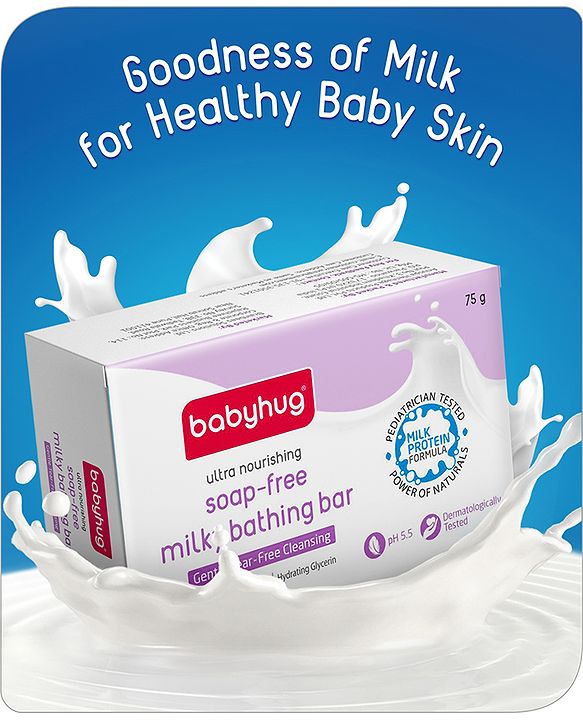 Babyhug pH 5.5 Ultra Nourishing Soap-Free Milky Bathing Bar - 75 g |Free Soap Tray |Does not Dry Skin|Prevents Rashes | Dermatologically & Pediatrician Tested|Extra Mild | Gentle Tear-free Cleansing