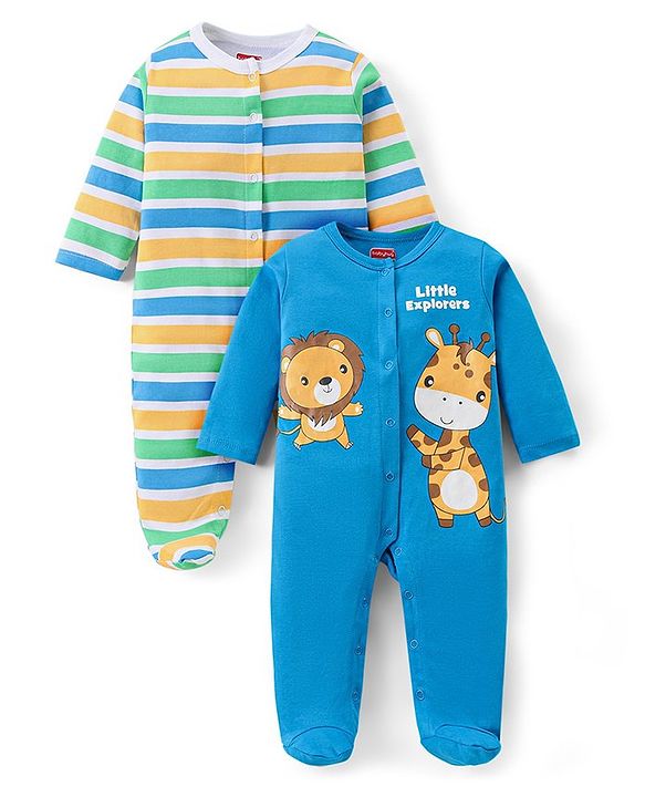Babyhug Cotton Knit Full Sleeves Sleep Suits With Stripes & Animals Print Pack Of 2 - Green & Blue