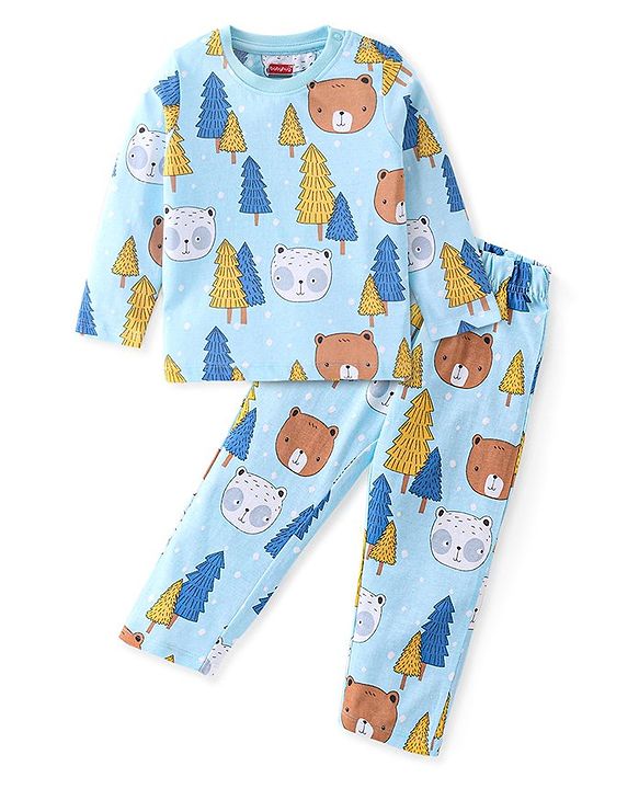 Babyhug Cotton Knit Full Sleeves Night Suit with Teddy Bear Print - Blue