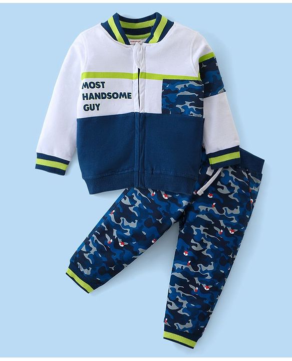 Babyhug Single Jersey Knit Full Sleeves Cut & Sew Design T-Shirt  & Lounge Pants Set Camouflage & Text Print - White & Navy