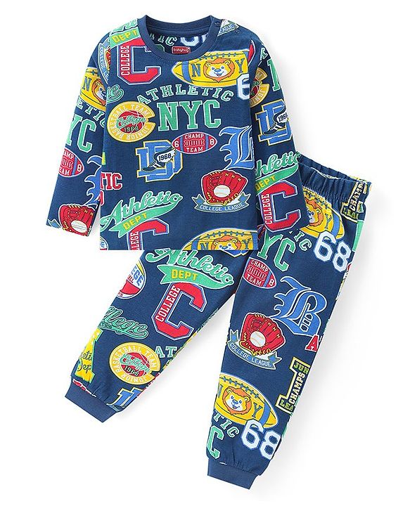 Babyhug Cotton Knit Full Sleeves Night Suit With Varsity Print - Navy